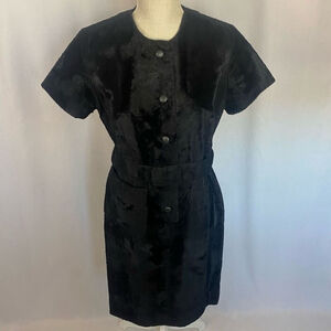 Rare Vintage VTG 1960s 60s Black Faux Fur Mod Mini Dress Button Up Women’s